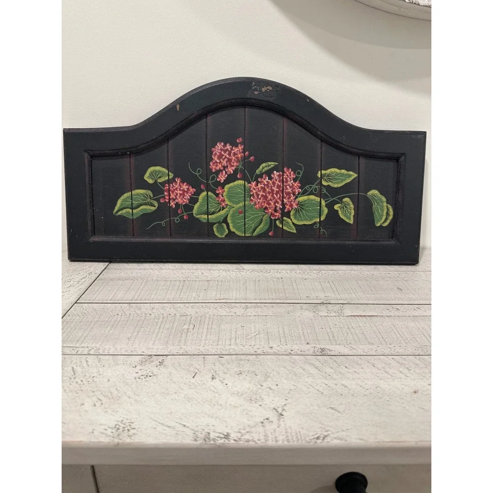 Vintage Hand Painted Floral Wood Wall Plaque Pink Flowers Black Arched Sign